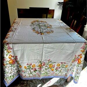Floral tablecloth, white base with cornflower blue trim, 101 in L x 57 in W